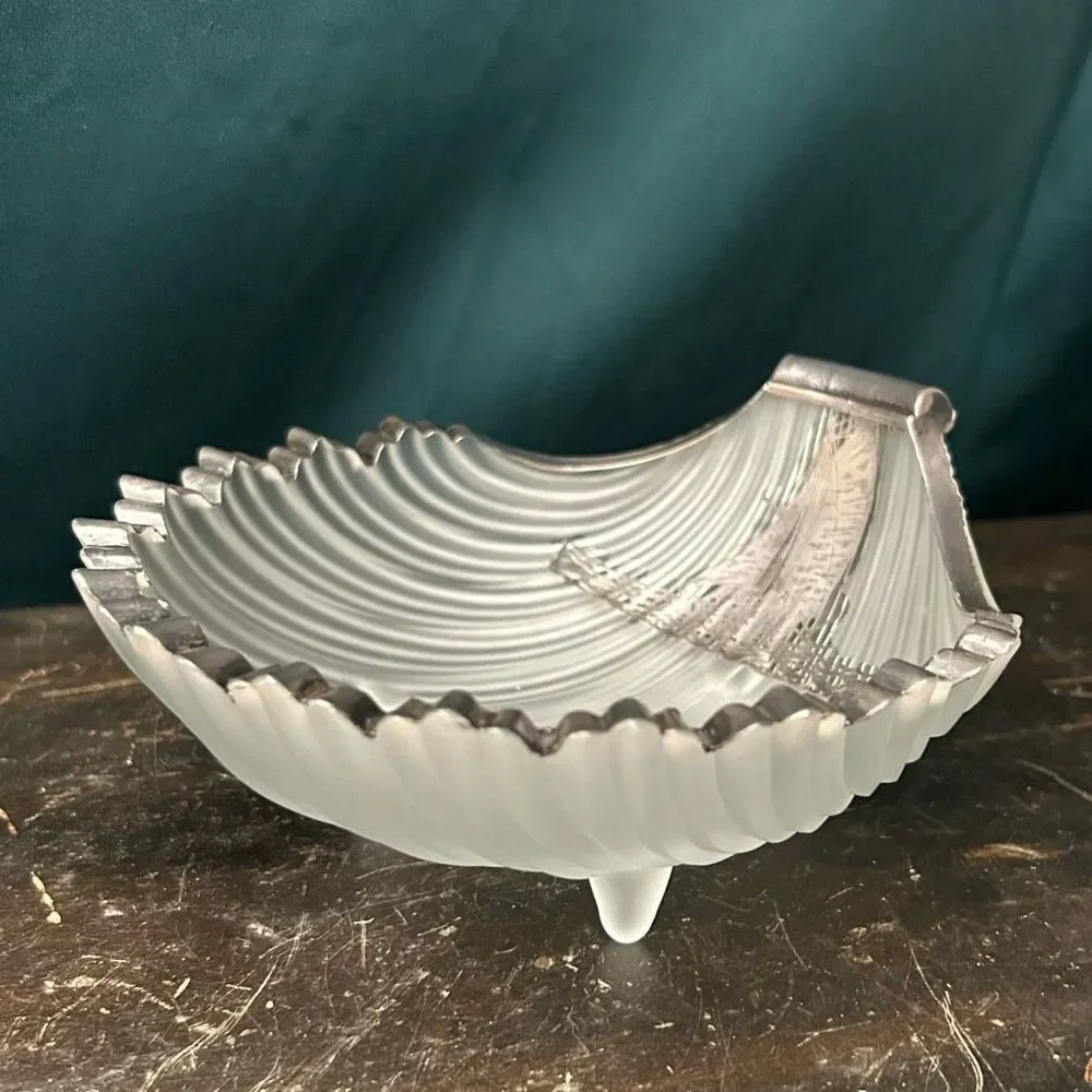 Vintage Westmoreland Frosted Glass Seashell Silver Gilt Sailboat Candy Dish